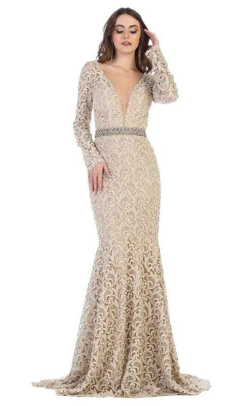 Clearance Event May Queen - RQ7671 Lace Long Sleeve Trumpet Dress With Train