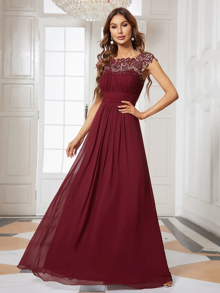 Celebrate With Big Savings Elegant Lace Cap Sleeve Maxi Long Chiffon Bridesmaid Dress