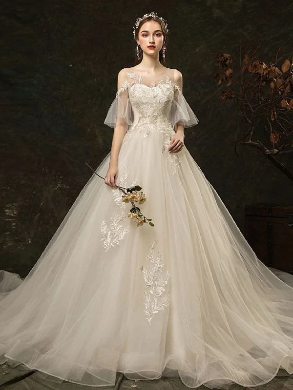 Trend Alert White Round Neck Tulle Lace Long Wedding Dress, Bridal Dress