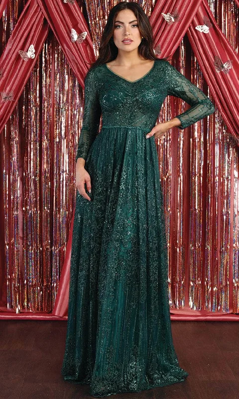 Elevate Your Wardrobe May Queen RQ7920 - Ornated Sheer Bodice Long Sleeve A Line Dress