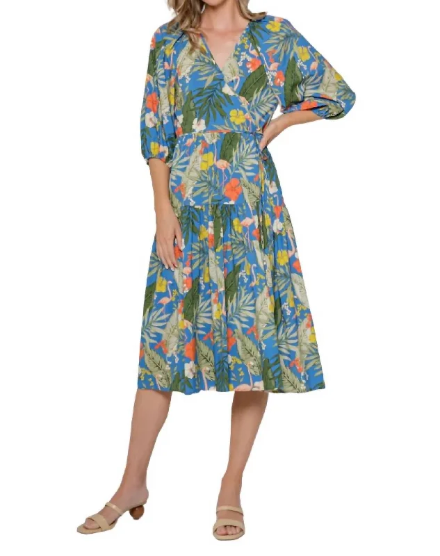 Fashionista Favorites Print Wrap Midi Dress In Blue Multi