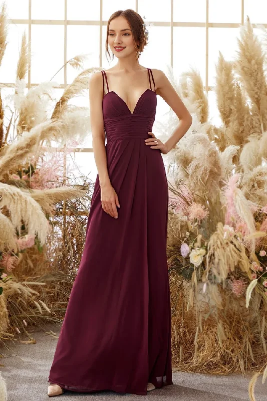 Chic Style Wine red chiffon A-line thin shoulder strap and floor length bridesmaid dress