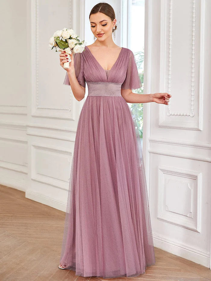 Wardrobe Essentials Pleated A-Line Short Sleeve Wide Waist Tulle Bridesmaid Dress