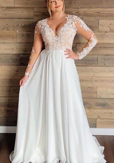 Lighten Up With Nordic Styles Plus Size Long Sleeve Sexy Casual Ethereal Chiffon Lace Beach Deep-V-Neck Wedding Dress