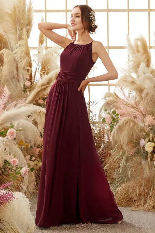 Special Occasion Wear Elegant wine red chiffon neck hanging bridesmaid dress