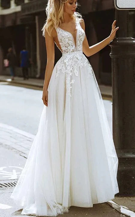 Spring Fashion Sleeveless Notched A-line Applique Wedding Dress