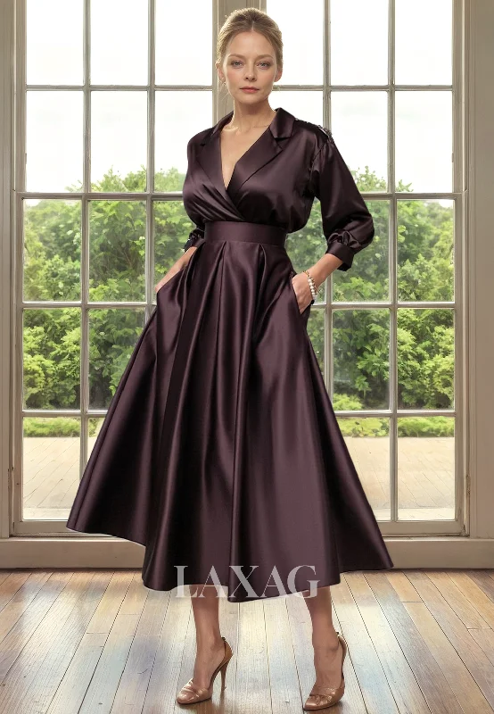 Chic Style A-Line V-Neck Quarter Sleeves Sleek Satin Elegant Mother of the Bride Dress