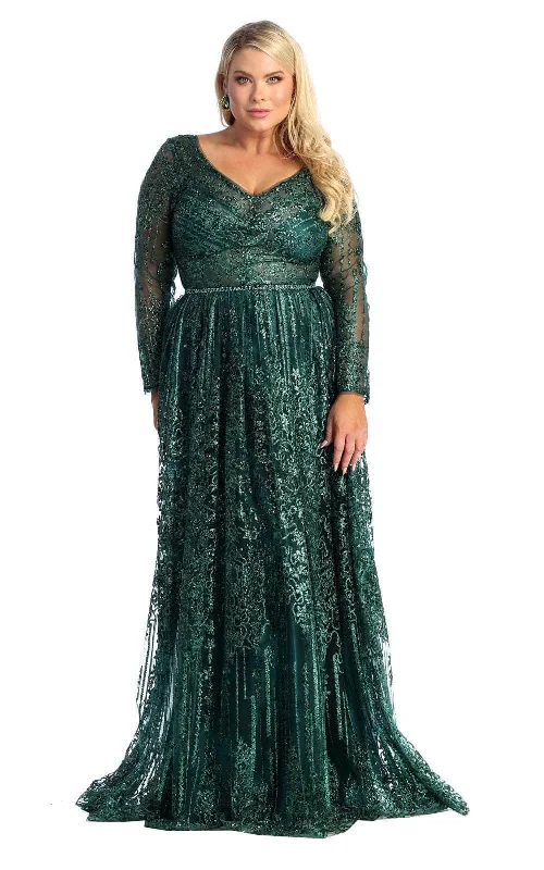 Holiday Sale May Queen RQ7920B - Ornated Sheer Bodice Long Sleeve A Line Dress