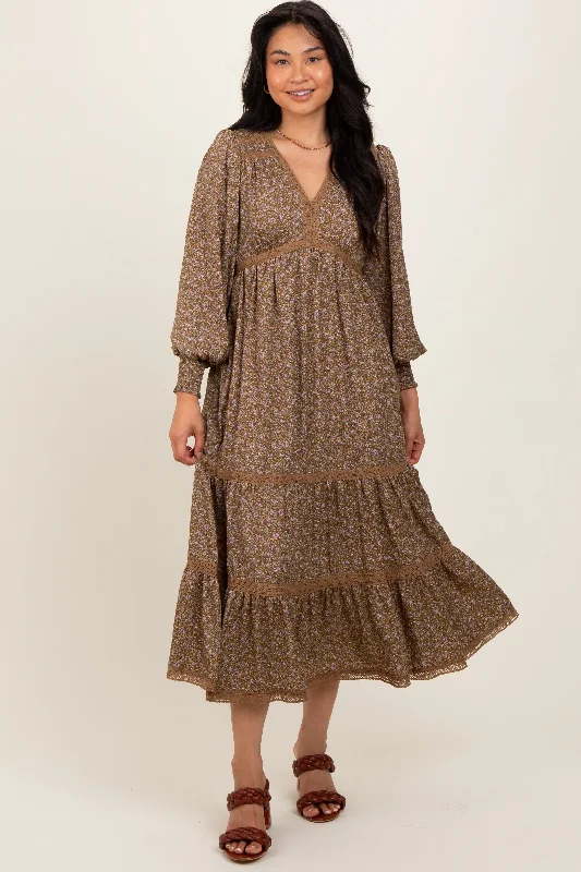 Celebrate With Big Savings Mocha Floral Lace Trim Bubble Sleeve Maxi Dress