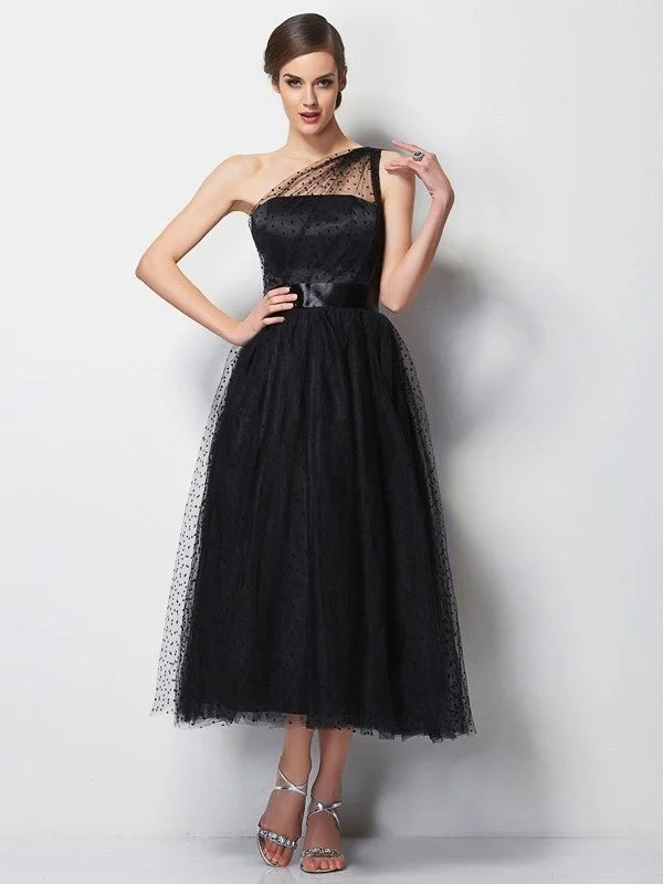 End Of Season Sale A-Line  Woven Satin One-Shoulder Sleeveless Tea-Length With Pleats Bridesmaid Dresses