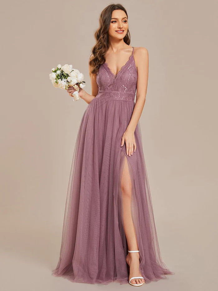 Stylish Looks Spaghetti Straps Cross-Back Lace Top A-Line High Slit Tulle Bridesmaid Dress