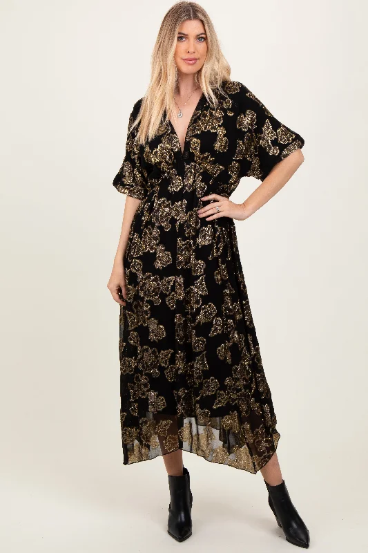 Anniversary Sale Black Metallic Floral Jacquard Overlay Maxi Dress