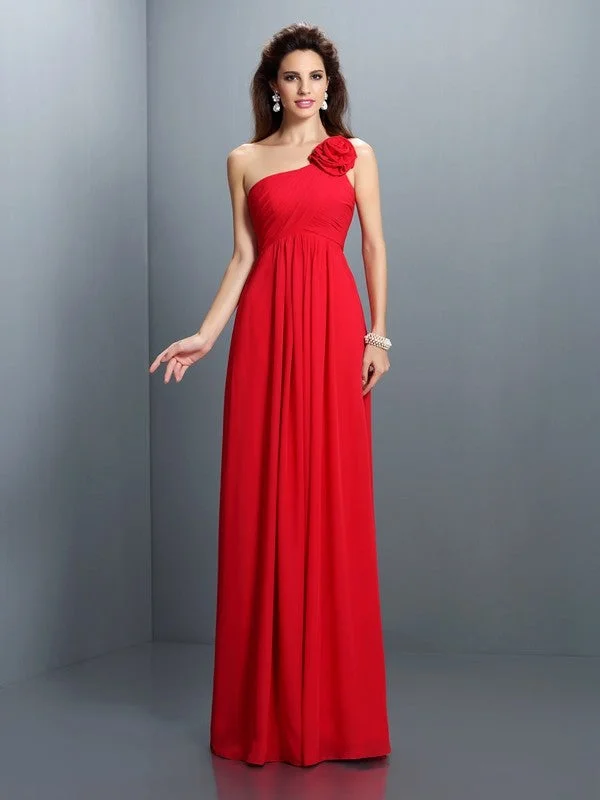 Latest Fashion A-Line/Princess One-Shoulder Hand-Made Flower Pleats Sleeveless Long Chiffon Bridesmaid Dresses