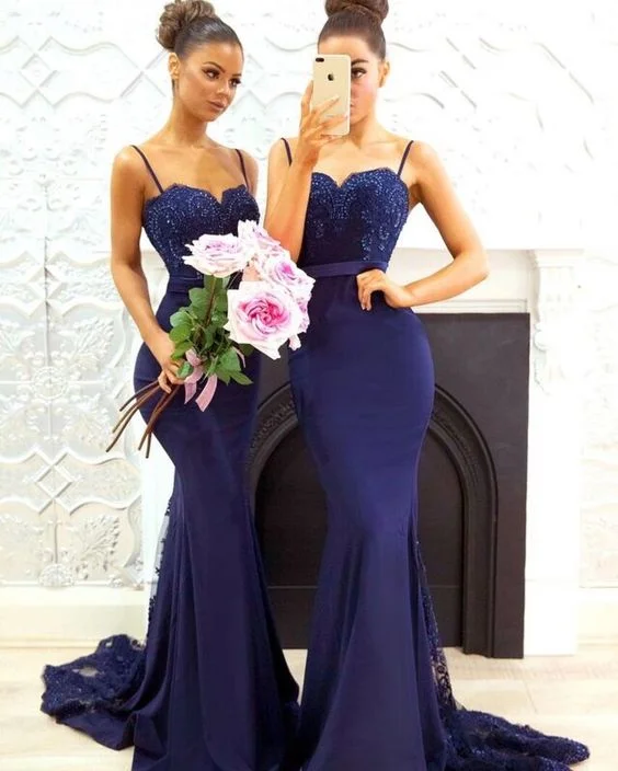 Cool Prices Mermaid Spaghetti Straps Navy Blue Bridesmaid Dress