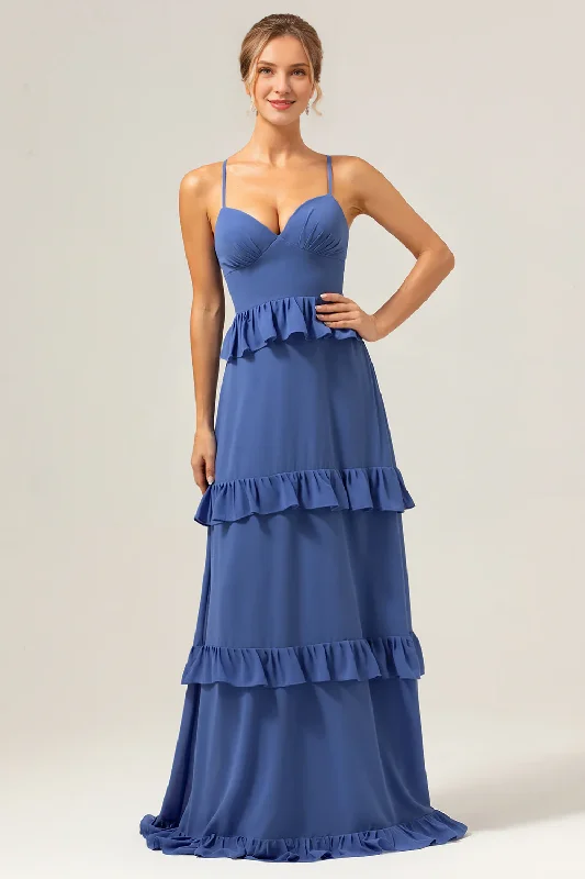 Casual Chic Deep blue A-line thin shoulder strap layered long bridesmaid dress