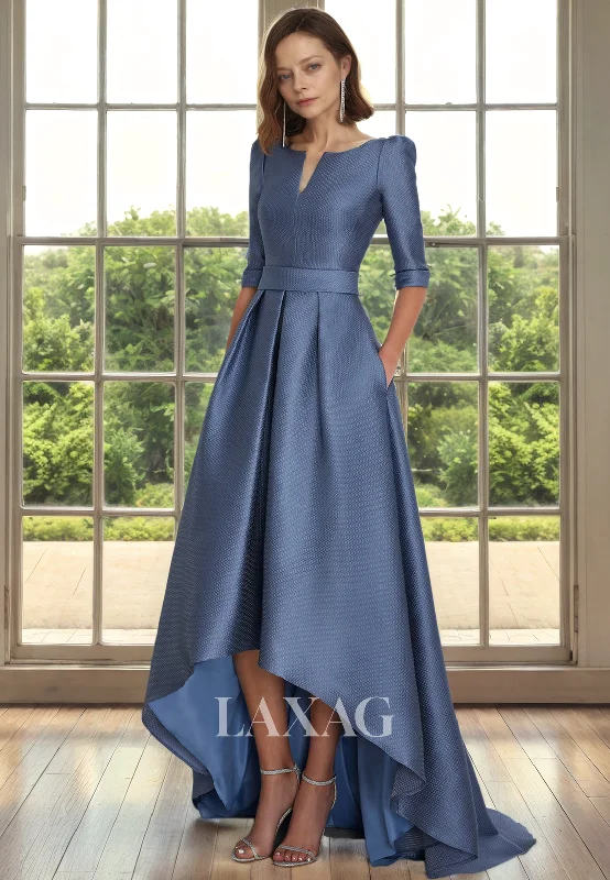 Chic Styles A-Line V-Neck Half Sleeves Sleek Satin Mother of the Bride Dress with Train