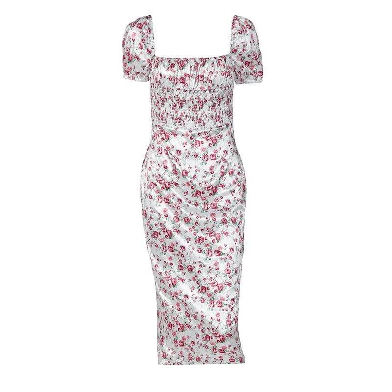 Trend Alert Satin flower pattern print zip-up ruched square neck short sleeve midi dress