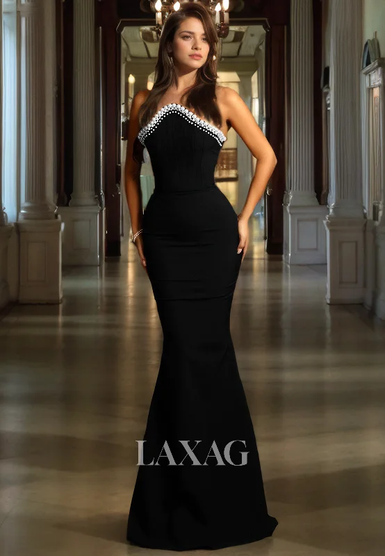 Trendy Styles Strapless Pearls Sleek Satin Mermaid Party Prom Formal Evening Dress