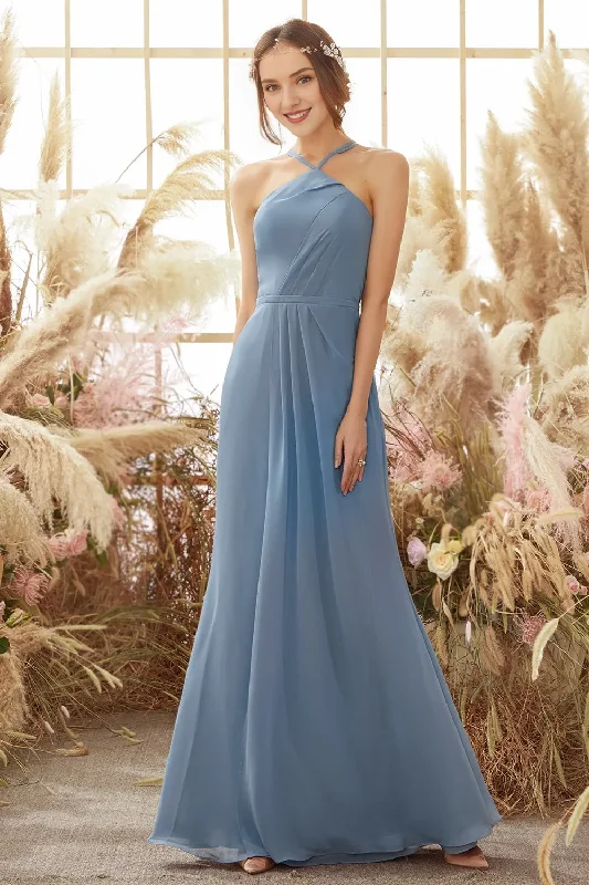 Fashion-Forward Light blue neck hanging long bridesmaid dress