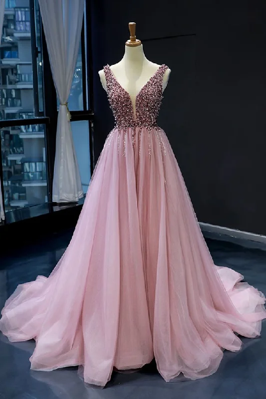 Fashion Essentials Pink Tulle Beaded Sequins Train V Neck Prom Dress, Pearl Evening Gown cg415