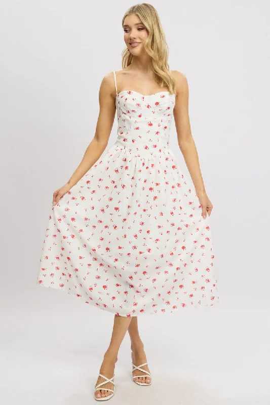 Discounts On Casual Weekend Styles White Floral Midi Dress Corset Detail