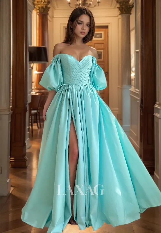 Fashion-Forward Outfits Puff-Sleeves Sweetheart Pleated Satin Formal Dress High Slit Floor-Length A-Line Prom Dress