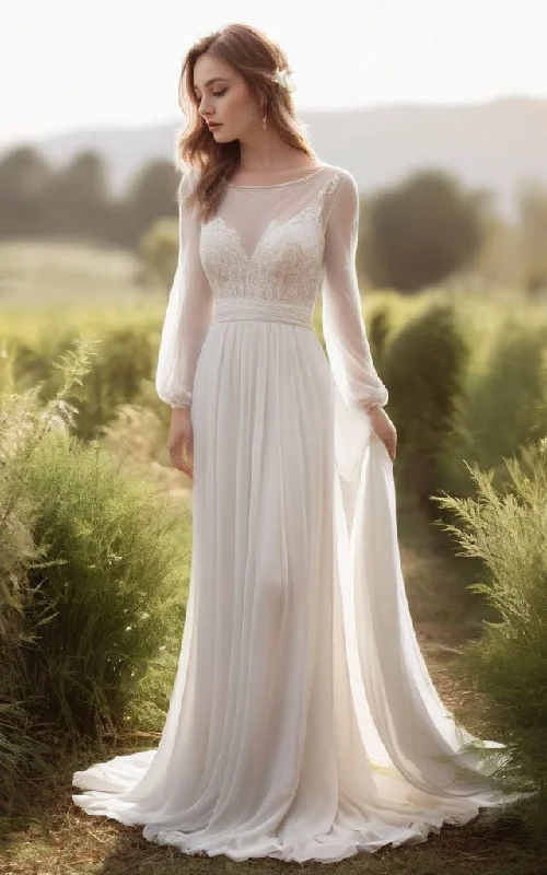 Limited Time Deal Boho Long Sleeves Illusion Neck Lace and Chiffon A-Line Wedding Dress with Pleated Waist