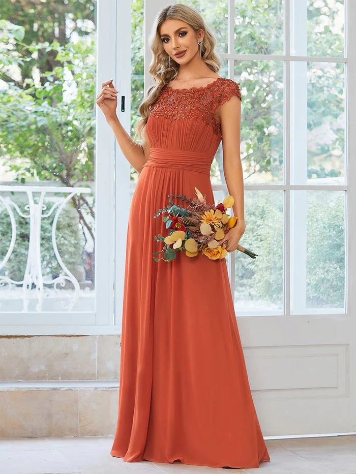 Mother'S Day Special Elegant Floor-Length Lace Cap Sleeve Bridesmaid Dress