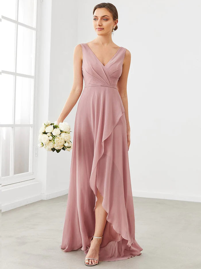 Spring Fashion Custom Size Chiffon Ruffled Hem Front Slit Sleeveless Bridesmaid Dress