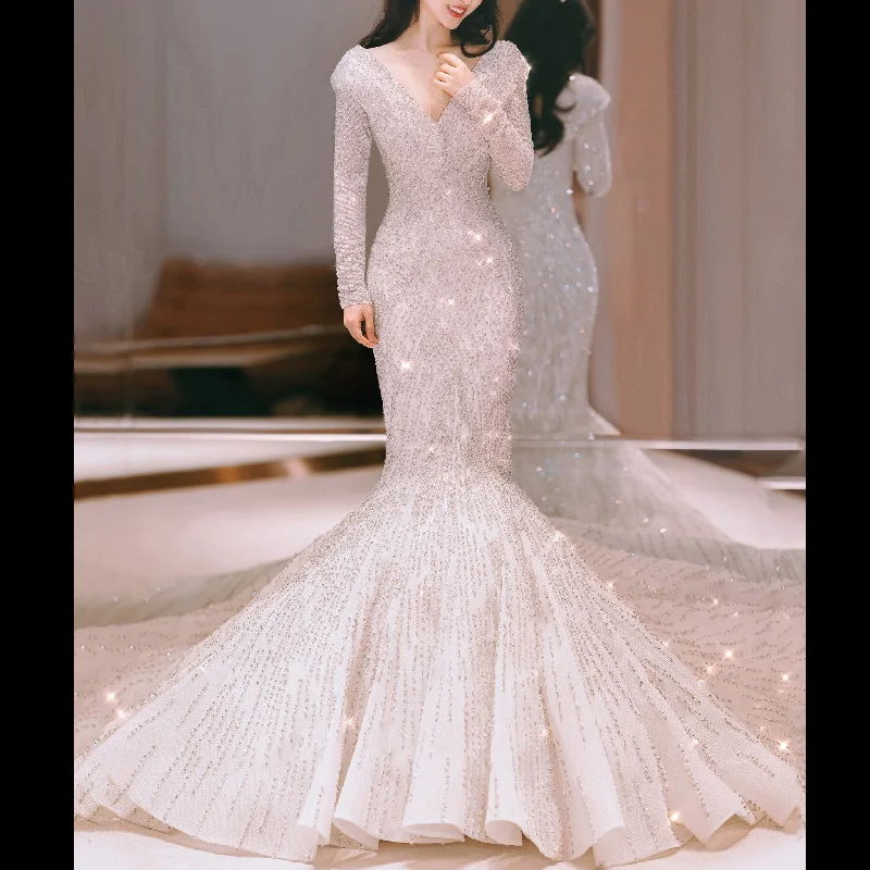 Fashion For Every Occasion Long Sleeve Mermaid Sparkly Sequin Wedding Dress with Deep Vneck