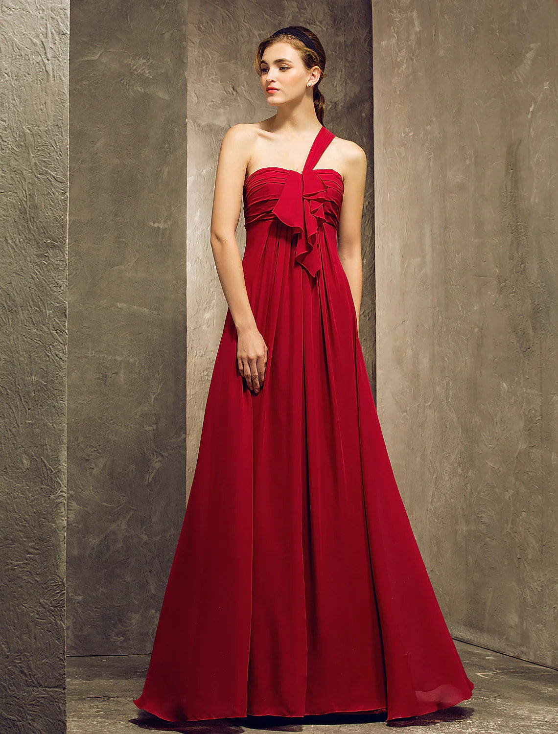 Fashion Sale Bridesmaid Dress One Shoulder Sleeveless Elegant Floor Length Chiffon with Ruffles