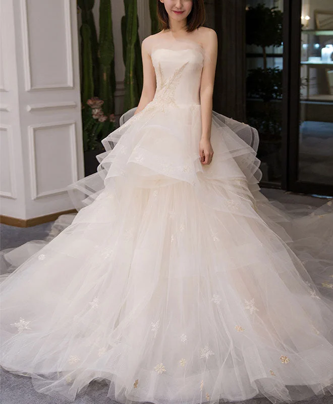 Buy More, Save More Light Champagne Tulle Long Wedding Dress, Champagne Bridal Dress