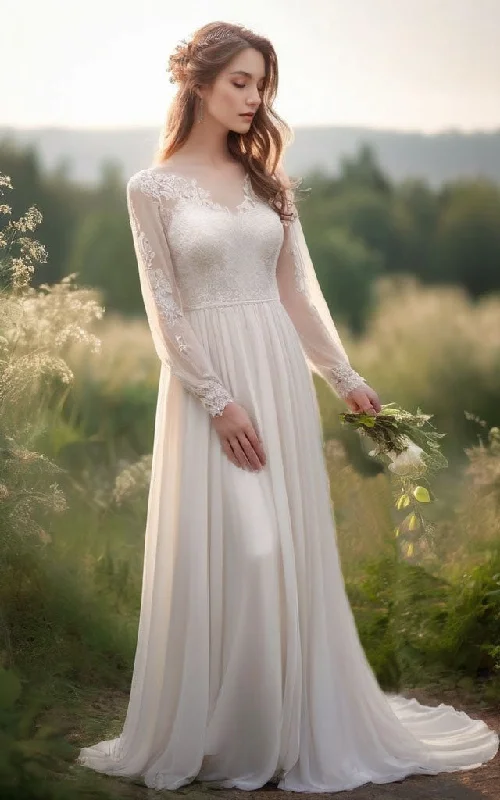 Fashion-Forward Boho Long Sleeves V-Neck Lace and Chiffon A-Line Wedding Dress