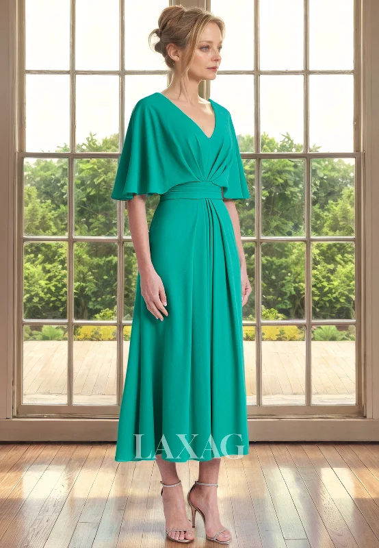 Style Upgrade A-Line V-Neck Half Sleeves Sleek Satin Ankle-Length Mother of the Bride Dress