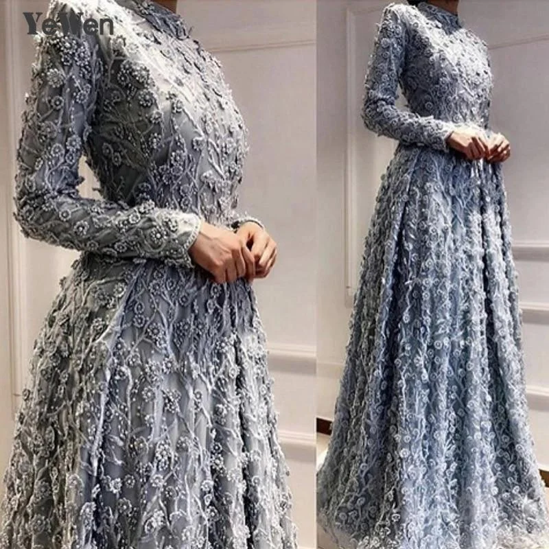 Big Savings On Rustic Countryside Styles Saudi Arabia Long Sleeves A Line Evening Dress Dubai Kaftan Muslim Crystal Pearl Lace Fabric Formal Prom Party Gown