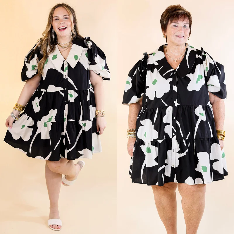 Mother'S Day Special Dreamy Delight Green and White Floral Print Button Down Dress with Puff Sleeves in Black