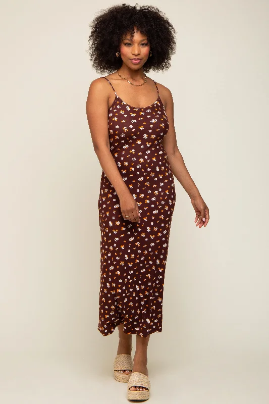 Clearance Event Brown Floral Sleeveless Midi Dress