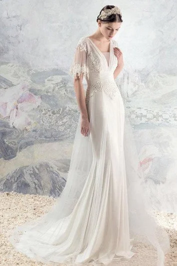 Evening Looks Boho Half Sleeve V-Neck Backless Lace and Tulle Wedding Dress