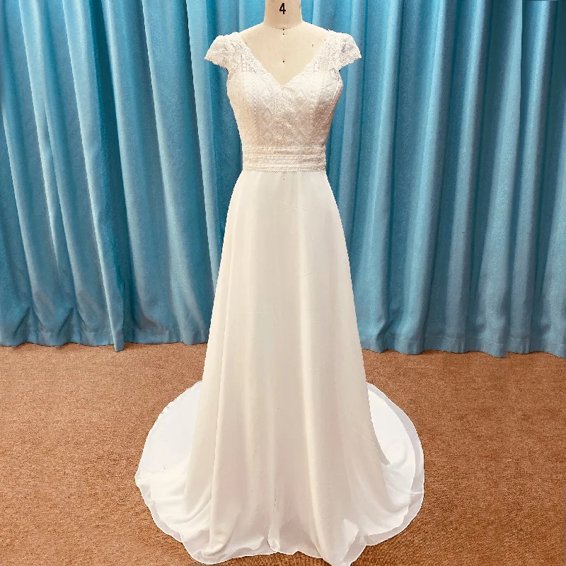 Score Big On Glamorous Red - Carpet Styles Sheath Chiffon Wedding Dress with Vneck and Capped Sleeves