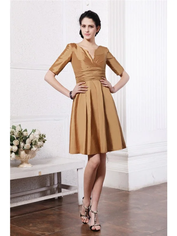 Limited-Time Offer Sheath/Column V-neck Half Sleeves Pleats Taffeta Bridesmaid Dresses