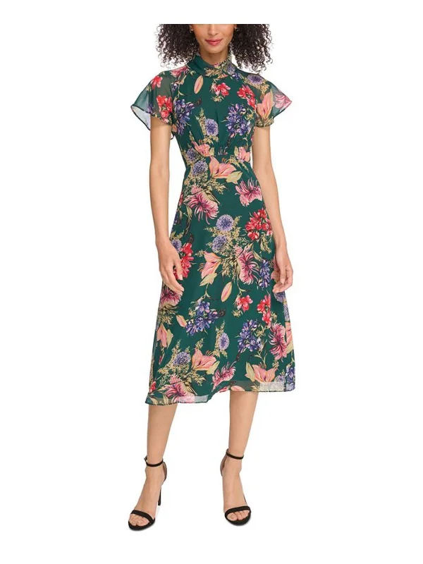 Celebrate With Big Savings Womens Floral Print Flutter Sleeve Midi Dress