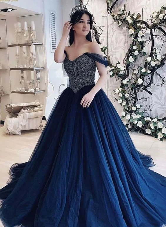 Exclusive Sale Dark blue tulle beads long prom gown, blue evening dress cg714