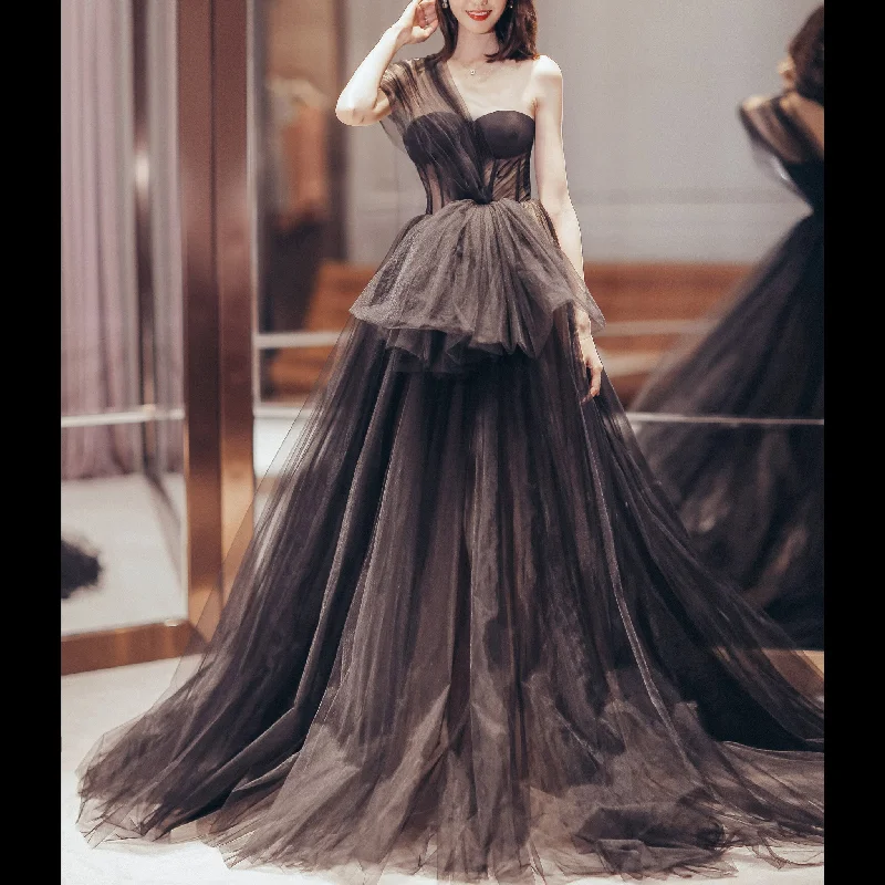 Day-To-Night Styles Sheer Bodice One Shoulder Ball Gown Black Wedding Dress for Women