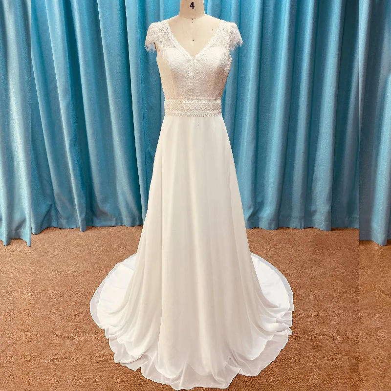 Celebrate With Big Savings Chiffon Sheath Vneck Wedding Dresses with Capped Sleeve