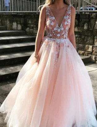 Exclusive Sale Sexy Backless Prom Dress Pearl Pink Tulle V-neck Appliques Graduation Gown cg1166