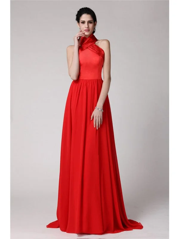 Cool Prices Sheath/Column Halter Sleeveless Pleats Long  Woven Satin Chiffon Bridesmaid Dresses