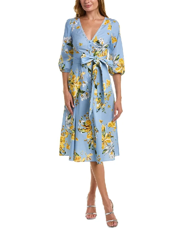 Chic Styles Marchesa Notte Floral Print Poplin Midi Dress