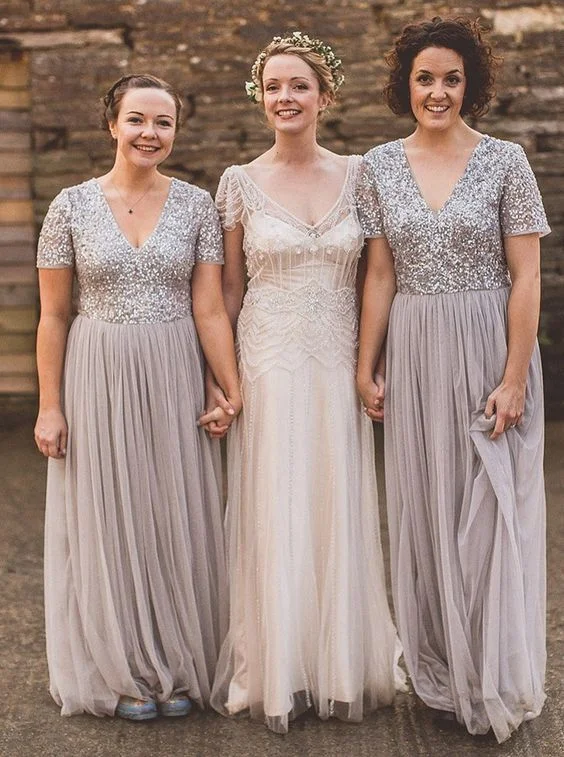 Huge Savings On Parisian Styles Short Sleeve Silver Sequins Bridesmaid Dress