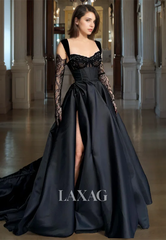 Winter Warm - Up Sale Black Long Party Dress A-Line Sweetheart Empire Waist Lace Satin Black Prom Dress