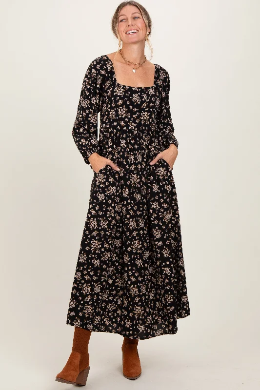 Beat The Heat In Tropical Styles Black Floral Square Neck Long Sleeve Maxi Dress